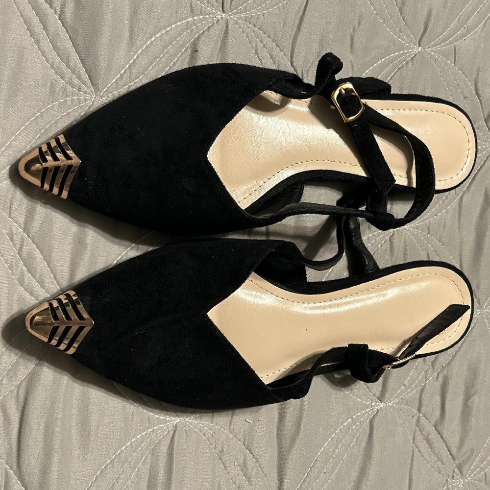 Black Suede Gold low heel
